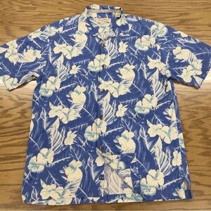 Tommy Bahama 100% Silk Hawaiian Shirt Blue White Aloha Vintage Floral Mens L